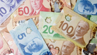 Görselde farklı renklerdeki  beşlik, onluk, yirmilik, ellilik ve yüzlük Kanada Dolarlarının karışık halde çekilmiş fotoğrafı yer alıyor.