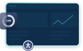Lacivert renkli bir ekranda bir web sitesi çizim olarak görüntüleniyor. Ekranın sol tarafında % 96 yazısının etrafındaki çemberin etrafındaki renklendirme ile “yükleniyor” ifadesi verilmiş. Ekranın sol alt tarafında  web erişilebilirlik simgesi olarak - kolları düz şekilde yana açık, bacakları omuz hizasında açık şekilde duran – icon adam yer alıyor.