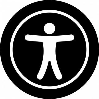 Beyaz renkli kare şeklindeki fon üzerindeki siyah bir daire içerisinde, web erişilebilirlik simgesi olarak - kolları düz şekilde yana açık, bacakları omuz hizasında açık şekilde duran – beyaz renkli bir icon adam yer alıyor.