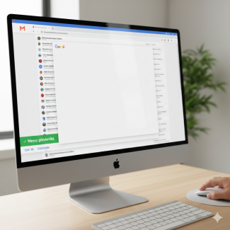Görselde bir masanın üzerindeki Apple iMac bilgisayar ekranı  gösteriliyor.  Ekranda Gmail açık olup sol altta Türkçe "Mesaj gönderildi." ve "Geri Al" seçeneklerinin bulunduğu bildirim kutusu görünmektedir. Bir el, bilgisayar faresini kullanmaktadır.