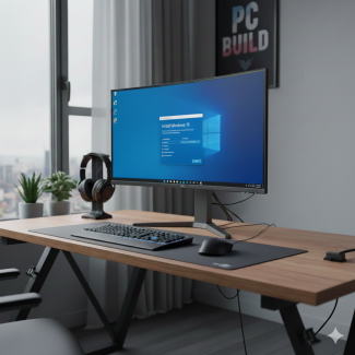 Görselde  modern bir çalışma odasında bir masaüstü bilgisayar kurulumu gösteriliyor. Büyük bir monitörde Windows kurulum ekranı açıkken (mavi arka plan üzerinde Windows logosu ve "Windows kurulumu hazırlanıyor" yazısı), masanın sağında mor ışıklı fanlara sahip siyah bir bilgisayar kasası bulunuyor. Masada ayrıca klavye, fare ve kulaklıklar mevcut. Arka planda pencereden aydınlık bir şehir manzarası görünüyor.