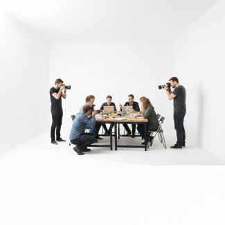 Görselde boş, bembeyaz bir çalışma ortamında, bir masa etrafında çalışan dört kişilik bir grup görülmektedir. Bu grubu, etraflarında duran ve diz çöken üç farklı fotoğrafçı büyük kameralarla çekmektedir.