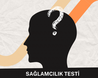 Açık gri renkli buruşuk kağıt formundaki zemin üzerinde bej ve turuncu çaprazımsı iki şerit görselin arkaplanını oluşturuyor. Görselin orta kısmında siyah yan durmuş bir kafa silüeti ve kafanın üst kısmında yukarıya taşmış halde, parmak izi formunda beyaz büyük bir soru işareti yer alıyor. Kafanın altında büyük beyaz harflerle sağlamcılık testi yazıyor.