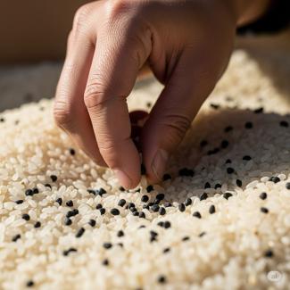 Bir elin beyaz pirinç yığınından küçük siyah taşları ayıklarken çekilmiş yakın plan bir fotoğrafı.
