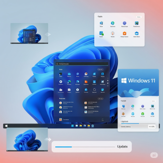 Görselde, Windows 11 işletim sisteminin mavi renkli dalgalı bir arka plan üzerinde, farklı dillerde ayar ve başlangıç menüsü ekran görüntüleri kolaj şeklinde gösteriliyor. Sağ alt köşede Windows 11 logosu ve bir yükleme çubuğu da bulunuyor.
