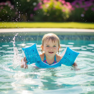 Görselde, havuzda yüzen, kolluk takmış, sarı saçlı ve mavi gözlü küçük bir çocuk görülüyor. Çocuk gülümsüyor ve etrafa su sıçratıyor. Arka planda bulanık yeşil bitkiler ve pembe çiçekler var. Görsel neşeli ve aydınlık bir havuz sahnesini yansıtıyor.