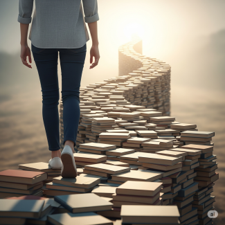 Görselde, sırtı dönük gövdeden altı görüntülenen bir kadın, istiflenmiş kitaplardan oluşan virajlı bir yolda yürüyor. Kadın, kot pantolon ve spor ayakkabı giyiyor. Yol, ufukta parlak bir ışık kaynağına doğru uzanıyor. Bu ışık, gündoğumu ya da gün batımı gibi bir his veriyor ve genel olarak umut dolu bir atmosfer yaratıyor.