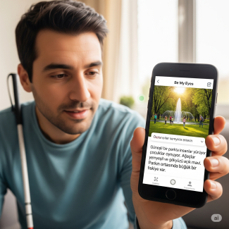 Görselde, koltukta oturan ve elinde telefon tutan bir erkek yer alıyor. Erkek, "Be My Eyes" uygulamasında bir fotoğrafı incelemekte. Telefon ekranında, güneşli bir parkta yürüyen insanların ve oynayan çocukların olduğu bir fotoğraf görünüyor. Bu fotoğrafın altında, Türkçe olarak parkın ayrıntılı bir betimlemesi yazıyor. Erkeğin yanında, görme engelli olduğunu belirten beyaz bir baston duruyor.