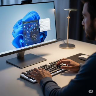 Görselde, masa başında oturan bir adam, Windows 11 işletim sisteminin açık olduğu bilgisayar ekranına odaklanmış bir şekilde klavye kullanıyor. Adamın elleri klavyede, tuşlara basmaya hazırlanıyor. Ekranda, Windows 11 arayüzü ve bazı açık uygulama pencereleri görülüyor. Masanın üzerinde, bir masa lambası ve beyaz bir mouse da yer alıyor.