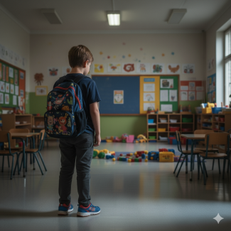 Bu görselde, boş bir sınıfta, sırtı dönük ve boynu biraz bükük halde duran küçük bir erkek çocuğu duruyor. Resimde sadece o var ve etrafında hiç kimse yok. Işık, pencerelerden içeri girerek sınıfın zeminini aydınlatıyor.