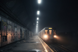 Bu görsel, karanlık ve tünel benzeri bir metro istasyonunda, raylar üzerinde hızla istasyona yaklaşan parlak ışıklı bir treni gösteren dramatik bir fotoğraftır. Trenin farları, karanlık tüneli delerek istasyonun peronuna güçlü, beyaz bir ışık huzmesi yaymaktadır. Peron ve tünel duvarları koyu tonlarda ve boş görünmektedir; odak noktası, karanlık içinde hareket ve ışık yaratan trenin kendisidir.