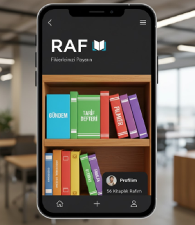 Bu görsel, "RAF" adlı sosyal medya platformunun sade ve modern logosunu temsil ediyor. Logo, parlak turuncu renkte, sola yatık, üç katmanlı ve stilize edilmiş bir harf R şeklindedir. Üst üste duran bu üç katman, bir kitap rafını veya bilgi katmanlarını çağrıştırır. Logonun hemen yanında büyük ve temiz, kalın, siyah harflerle platformun adı olan "RAF" yazmaktadır.