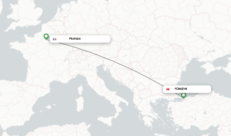 Türkiye’nin de yer aldığı Avrupa haritasının kuşbakışı bir çizimi. Uçak yolculuk rotasını gösterir şekilde Türkiye’den Fransa’ya bir yay çekilmiş.