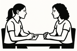 Bir masanın iki yanında karşılıklı oturan iki kadın çizimi. Soldaki kadın, saçları arkada at kuyruğu şeklinde toplanmış, elinde bir kalem tutuyor ve önündeki kâğıda not alıyormuş gibi bir pozisyonda. Karşısındaki kadın yine profilden görünüyor; saçları omuz hizasında, kıvırcık ve açık.  Ellerini masanın üzerinde birbirine kenetlemiş şekilde oturuyor.