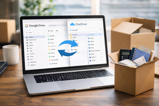 Ahşap bir masa üzerindeki dizüstü bilgisayarın ekranında Google Drive ve OneDrive arayüzleri yan yana görülüyor; ortada dosya aktarımını simgeleyen ok işareti var. Bilgisayarın yanında açık bir karton kutu ve içinde defterler ile küçük eşyalar bulunuyor.