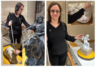 Görselde, görme engelli bir kadının bir müzede eserleri dokunarak ve sesli rehber kullanarak incelediği anlardan oluşan bir kolaj yer alıyor.  Siyah, örgü desenli bir kazak ve siyah pantolon giyen, gözlüklü, kumral bir kadın, elinde beyaz bir baston tutuyor. Sol Üstte: Kadın, kulaklık takmış (sesli rehber dinliyor olabilir) ve at üzerindeki bronz bir heykelin koluna dokunuyor. Sağda: Kadın, beyaz bir melek figürüne dokunurken kameraya gülümsüyor.