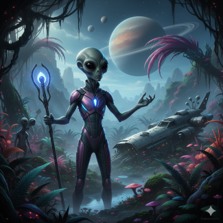 Görselde, egzotik bir gezegende duran bir uzaylı figürü yer alıyor. Uzaylı; klasik "gri uzaylı" formunda, pürüzsüz kafalı ve iri siyah gözlü. Üzerinde mavi ışıklı bir zırh var ve elinde mavi enerji saçan bir asa tutuyor. Mor ve pembe yapraklı dev bitkilerle dolu, sisli bir ormanda sağ arkada yere çakılmış gri bir uzay gemisi görülüyor. Karanlık gökyüzünde halkalı dev bir gezegen ve küçük uydular var.